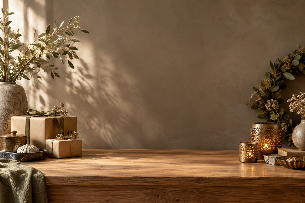 Sfeervolle cadeaus, metalen lichtjeshouders en groene decoraties op een houten tafel.